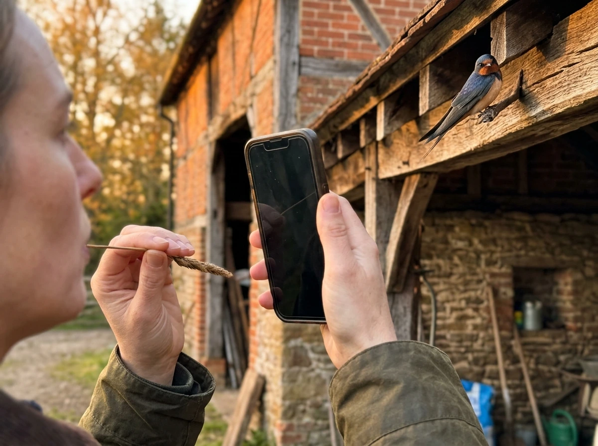 Barn swallow perched near a phone used to practice bird-call imitation