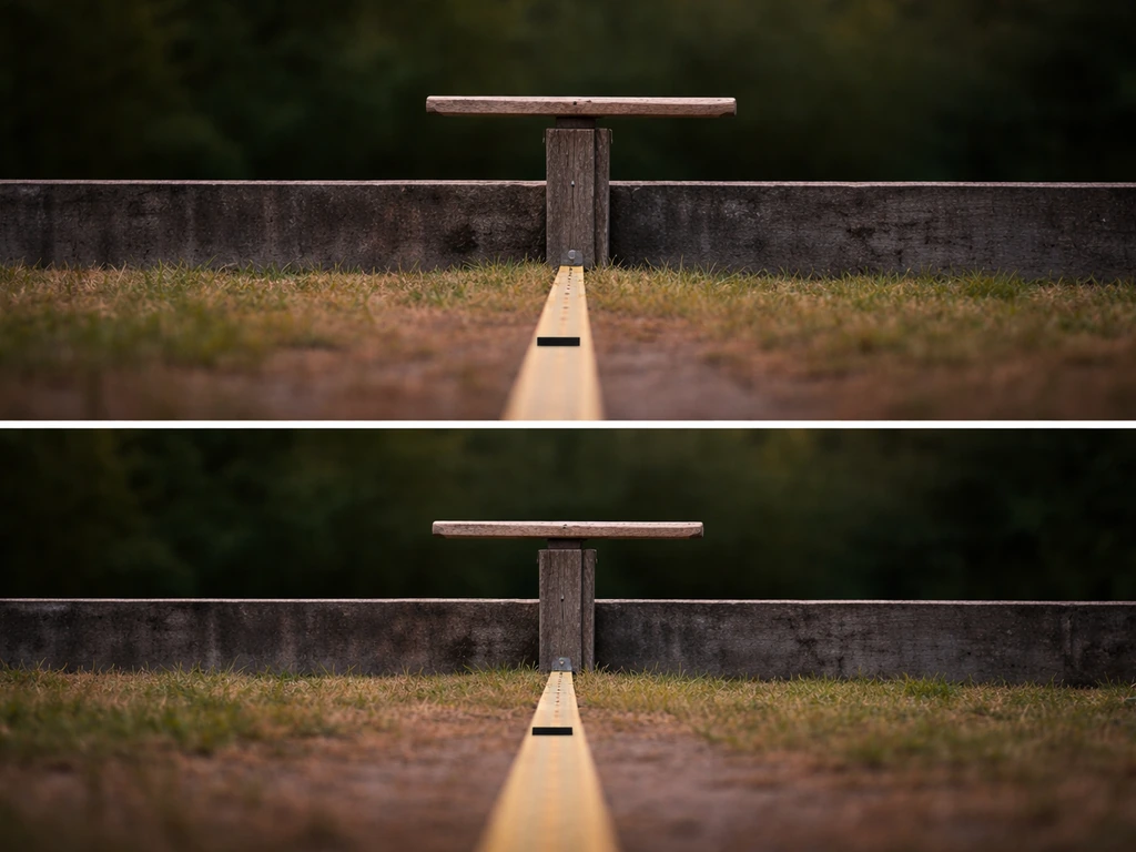 Photographer’s view through a long telephoto lens showing a wooden perch about 15–30 feet away with tape measure markers