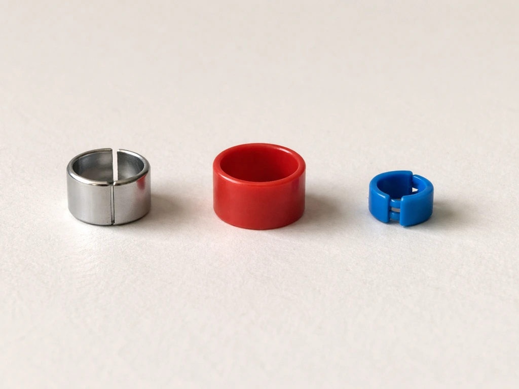 Three bird marker types—metal band and colored auxiliary band segments—laid out on a neutral background.