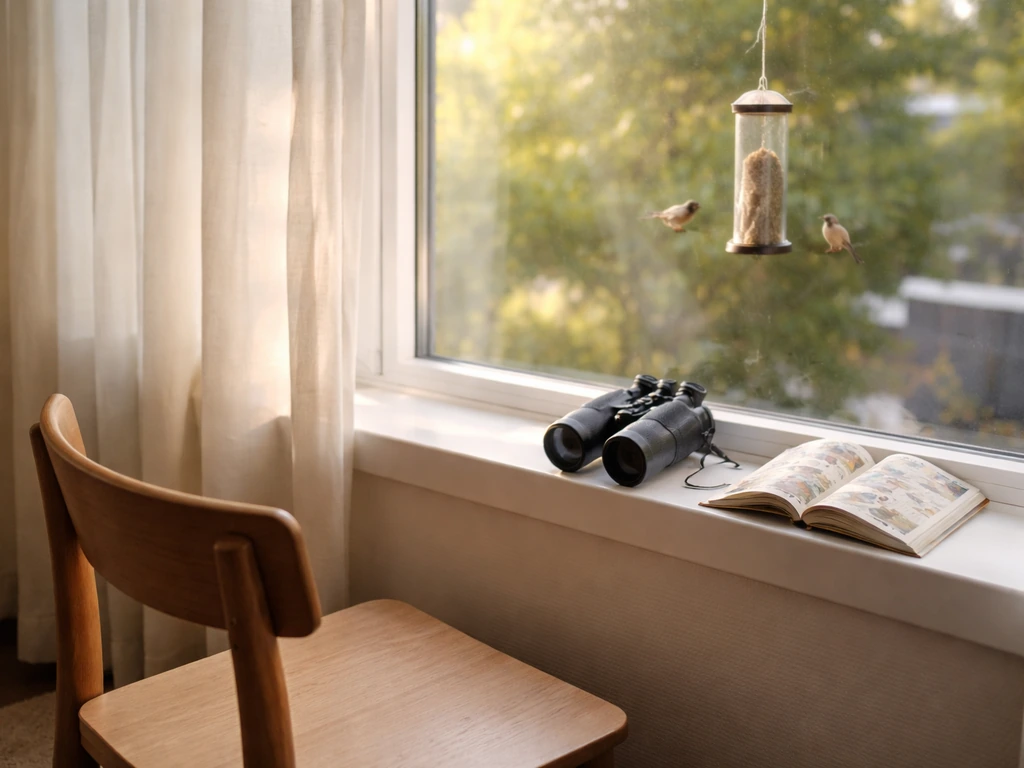 Chair by a bright window with binoculars and a bird-feeder outside