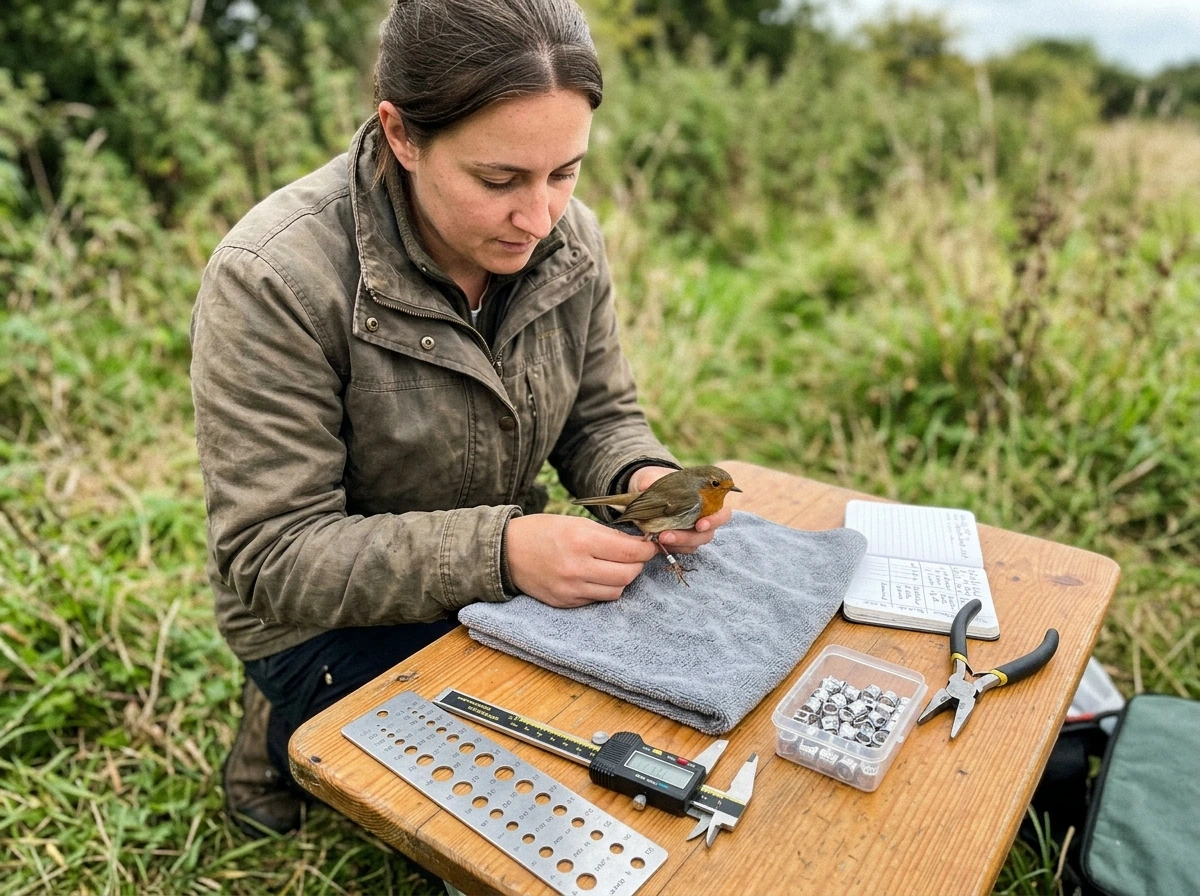 Field setup for safe bird leg banding with banding tools and a supported bird