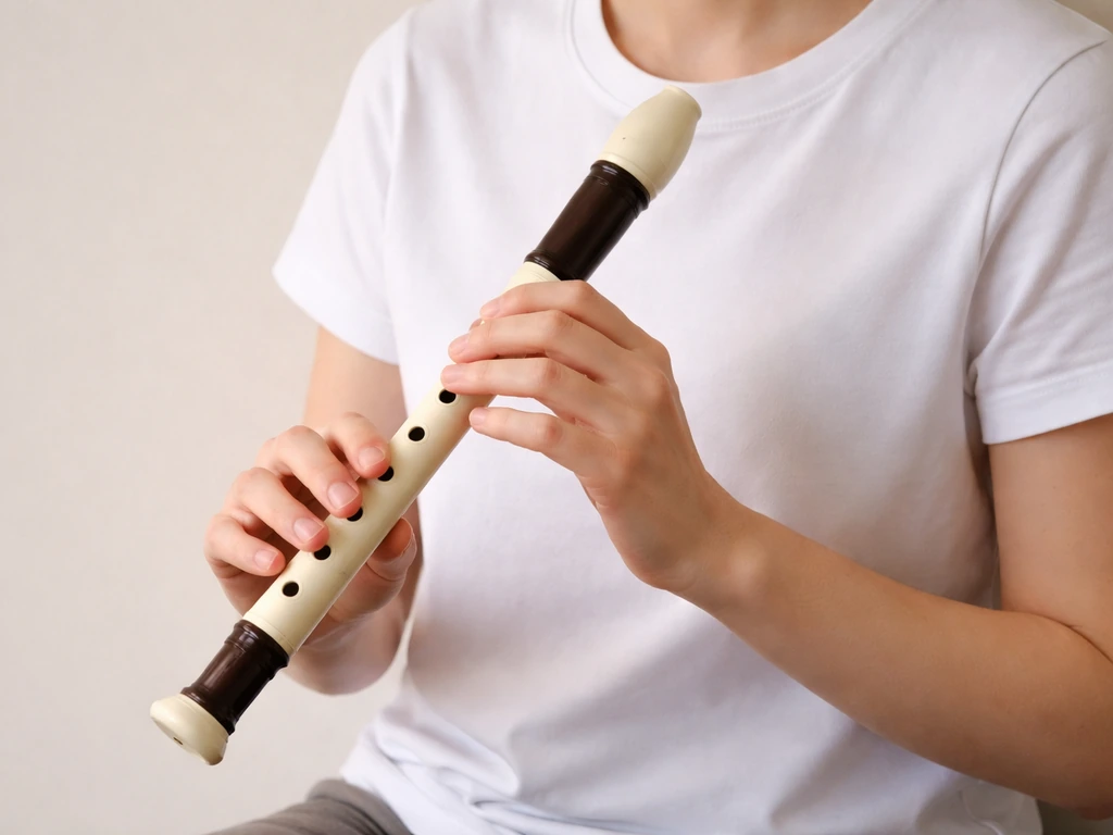 Upright posture with recorder angled 45°, left hand on top holes and right hand on bottom holes.