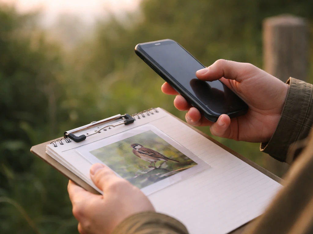 Hands submit a bird sighting on a phone outdoors, with a small photo of a banded bird on a notebook.