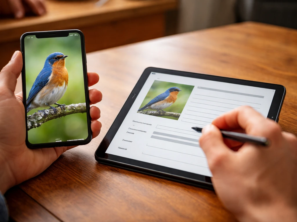 Hands tapping a bird registration form on a tablet while a phone shows a bird identification photo.