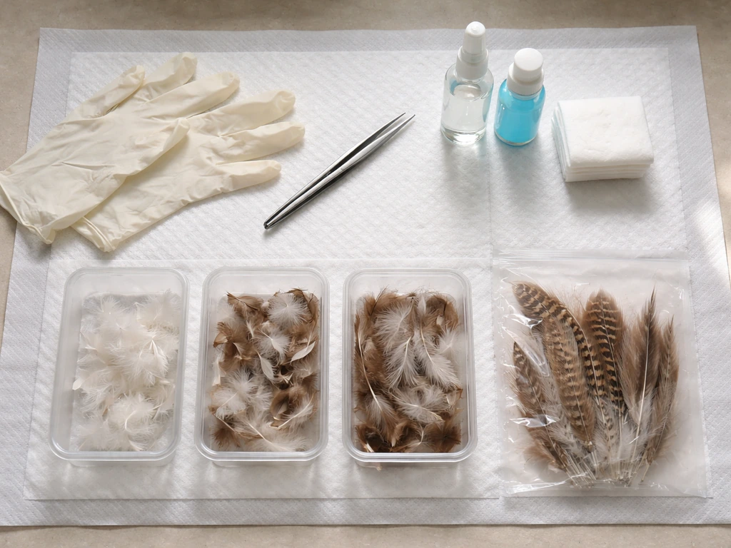 Top-down view of gloves, tweezers, disinfecting supplies, and tidy trays on a clean protected work surface.