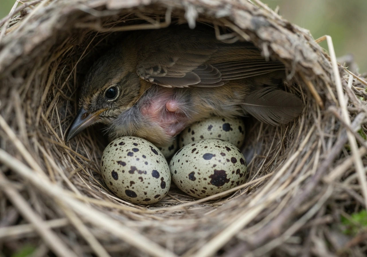 Close-up of an incubating bird over speckled eggs inside a small twig-and-grass nest.