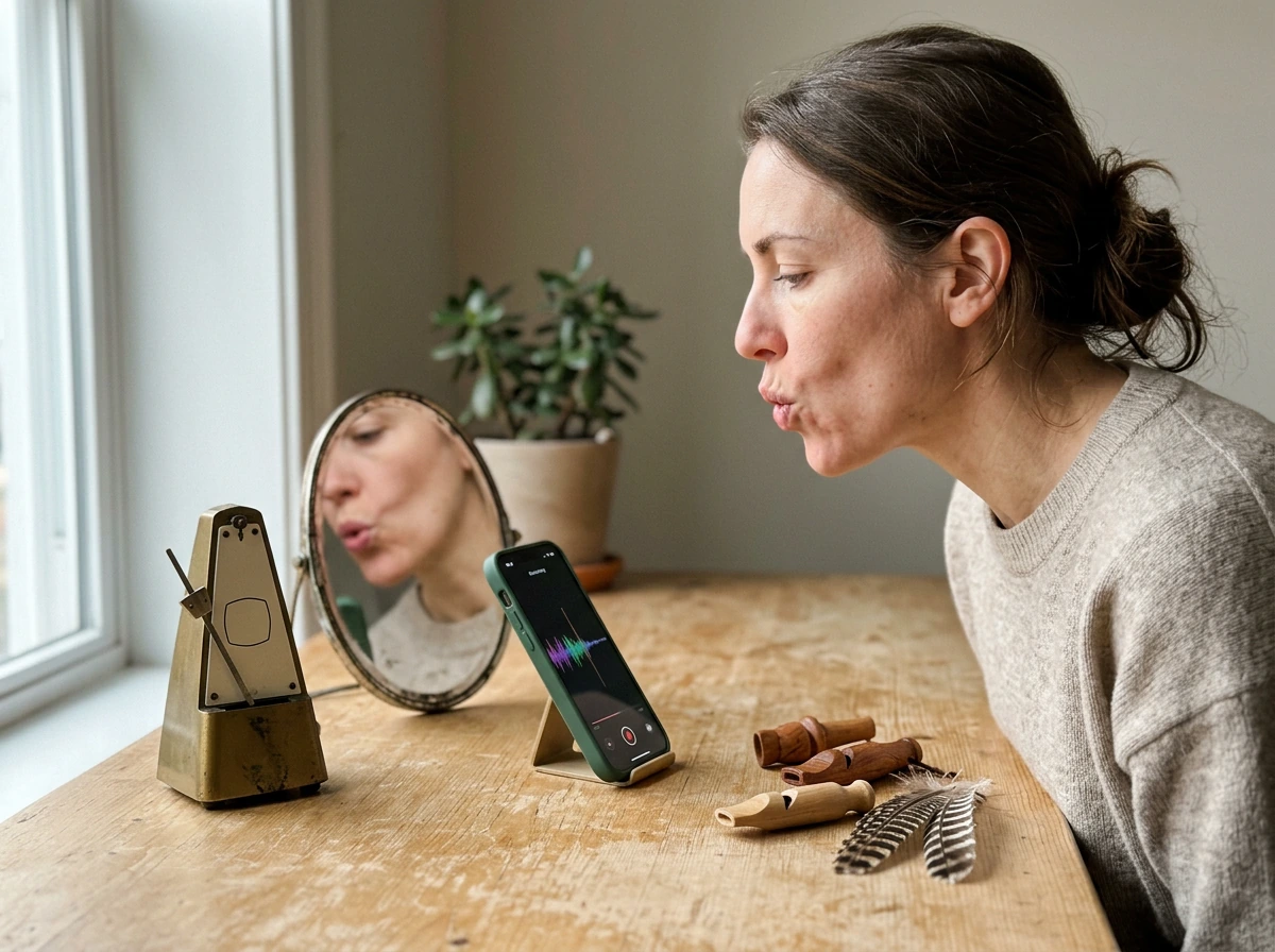 Hands and smartphone making realistic bird chirps using a mouth-shape practice setup