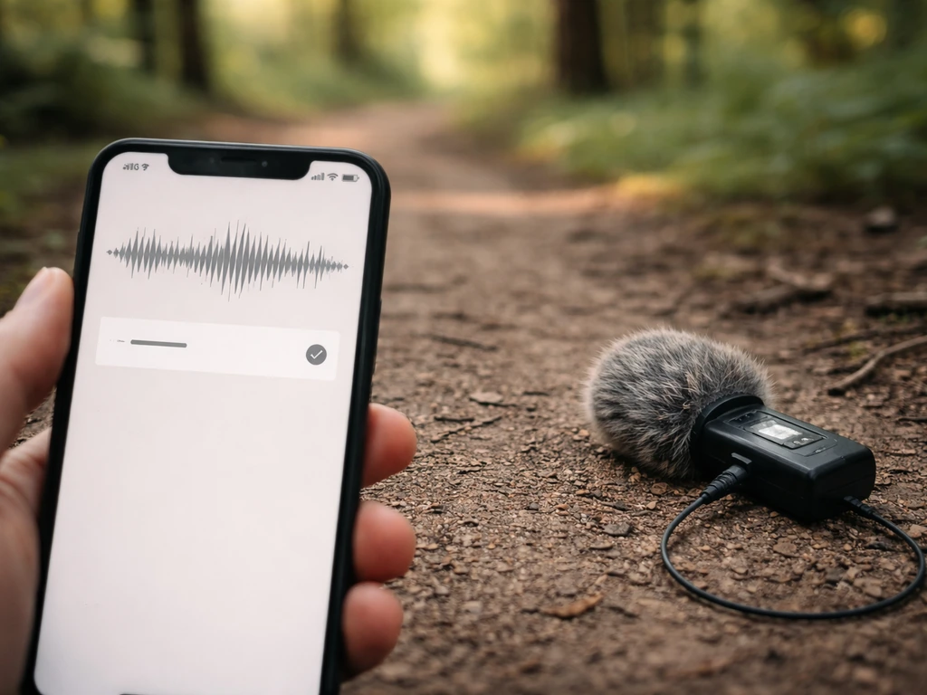Close-up of a smartphone recording bird sound playback, with a nearby small microphone outdoors.